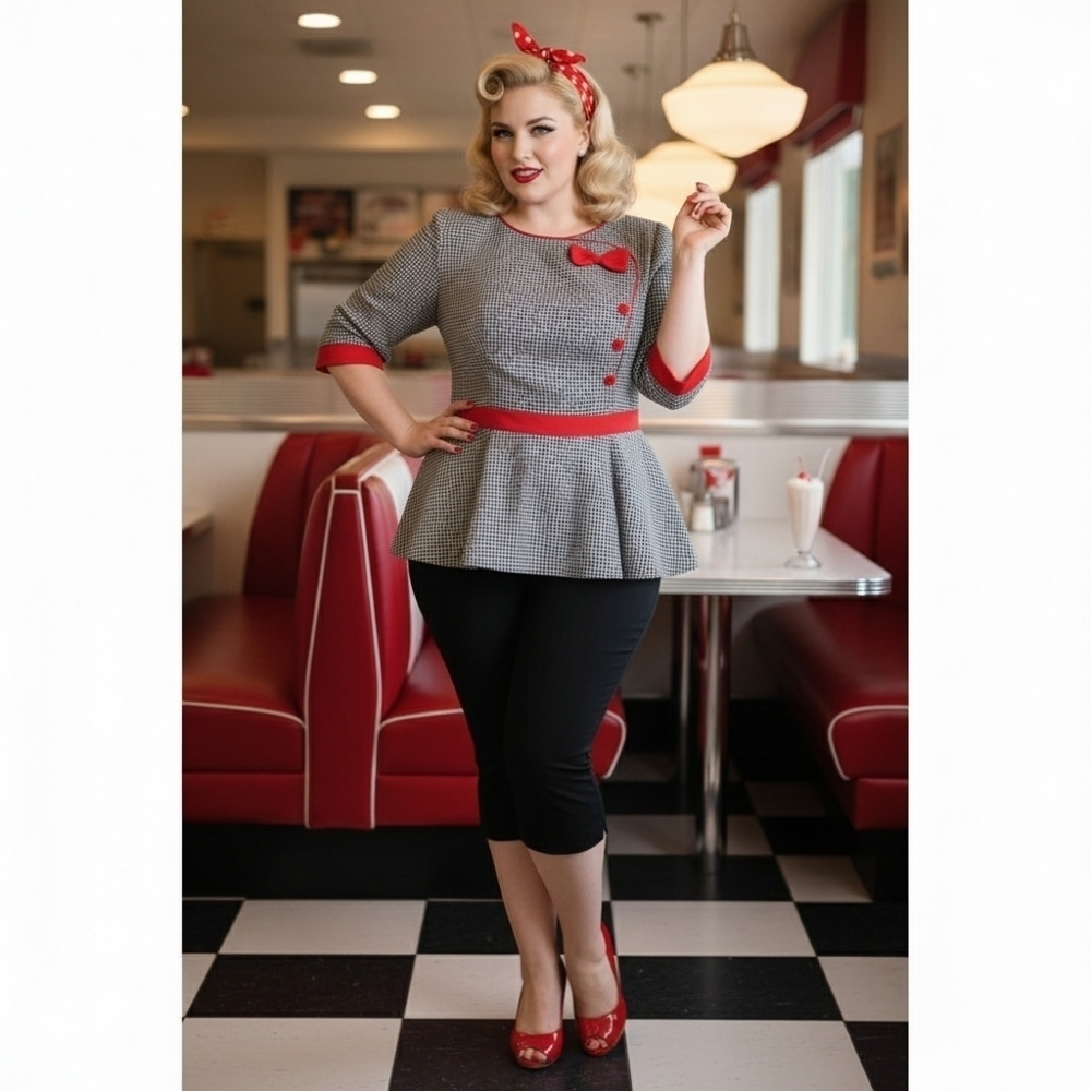 Vintage Houndstooth Peplum Top Size 18 Plus Red Trim Rockabilly Pinup